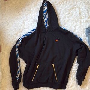 Aviator Nation Black and Blue Hooded Jacket with Striped Trim